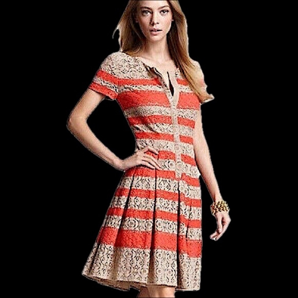 BCBG maxazria Tan Red Striped Dasen Mixed Lace Short Sleeve Shirt Dress NWT